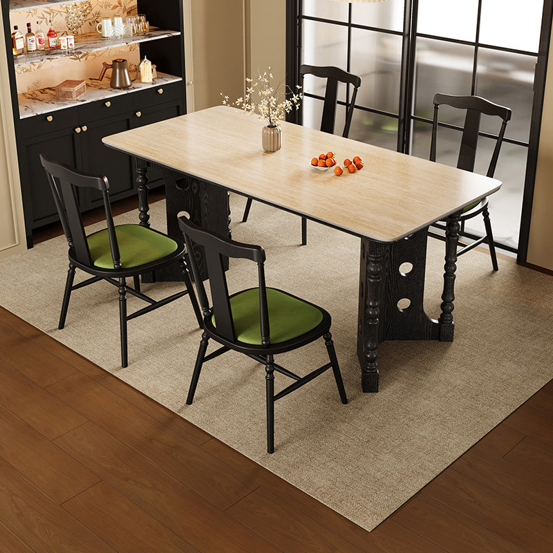 卡答洞石岩板实木餐桌法式中古风小户型美式高级感家用复古风饭桌