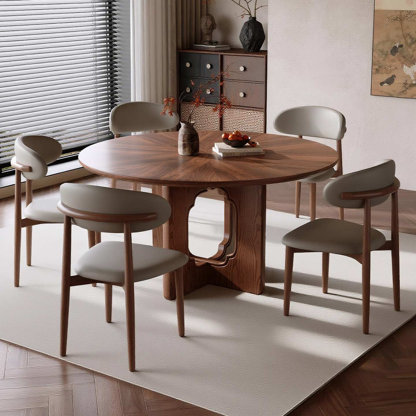 2026新款宋式美学餐桌胡桃木色实木圆形餐桌椅组合带转盘中复古风
