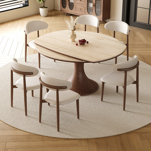 洞石岩板实木伸缩餐桌可变圆桌