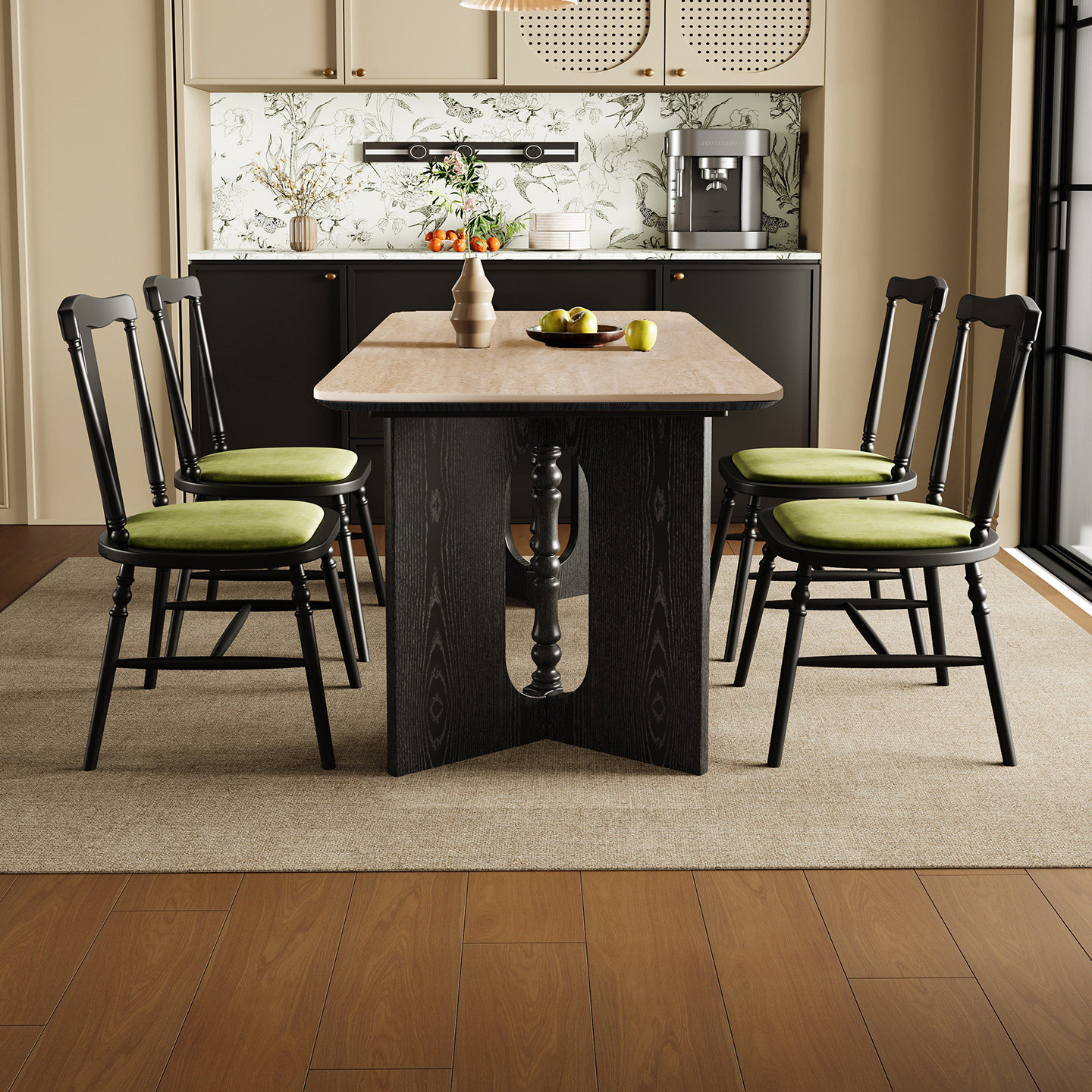 法式复古洞石岩板实木餐桌高级感