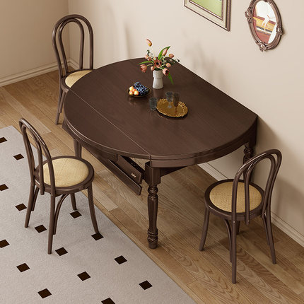卡答法式复古可伸缩全实木餐桌圆桌美式折叠饭桌家用小户型胡桃色