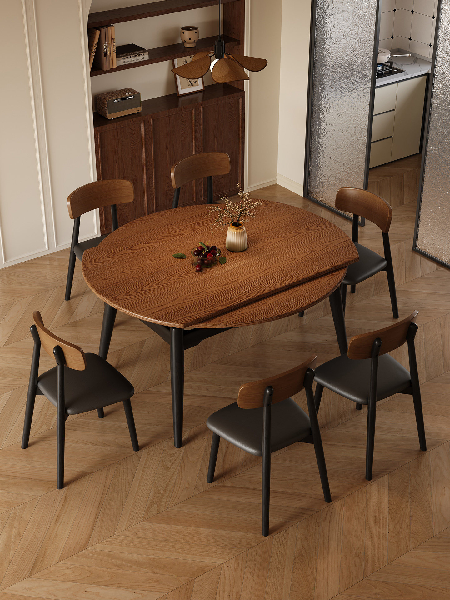 法式覆古风可伸缩实木餐桌圆桌小户型白蜡木纹折叠两用中古风饭桌