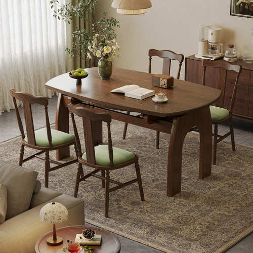 白蜡木法式中古风实木伸缩餐桌可变圆桌折叠小户型胡桃色覆古饭桌