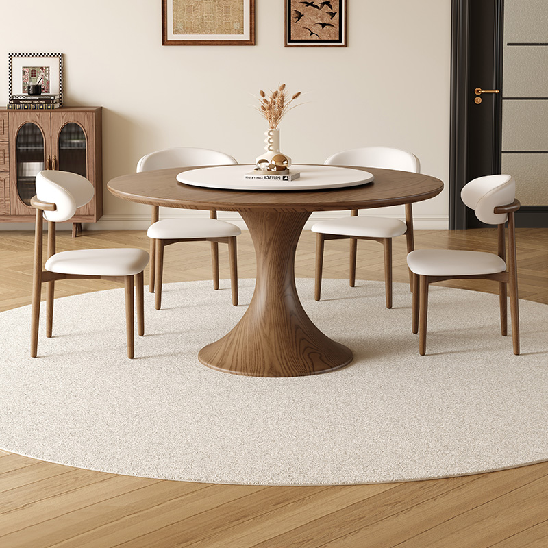 中古风小蛮腰圆桌带转盘北欧白蜡木纹复古胡桃色实木圆形餐桌家用