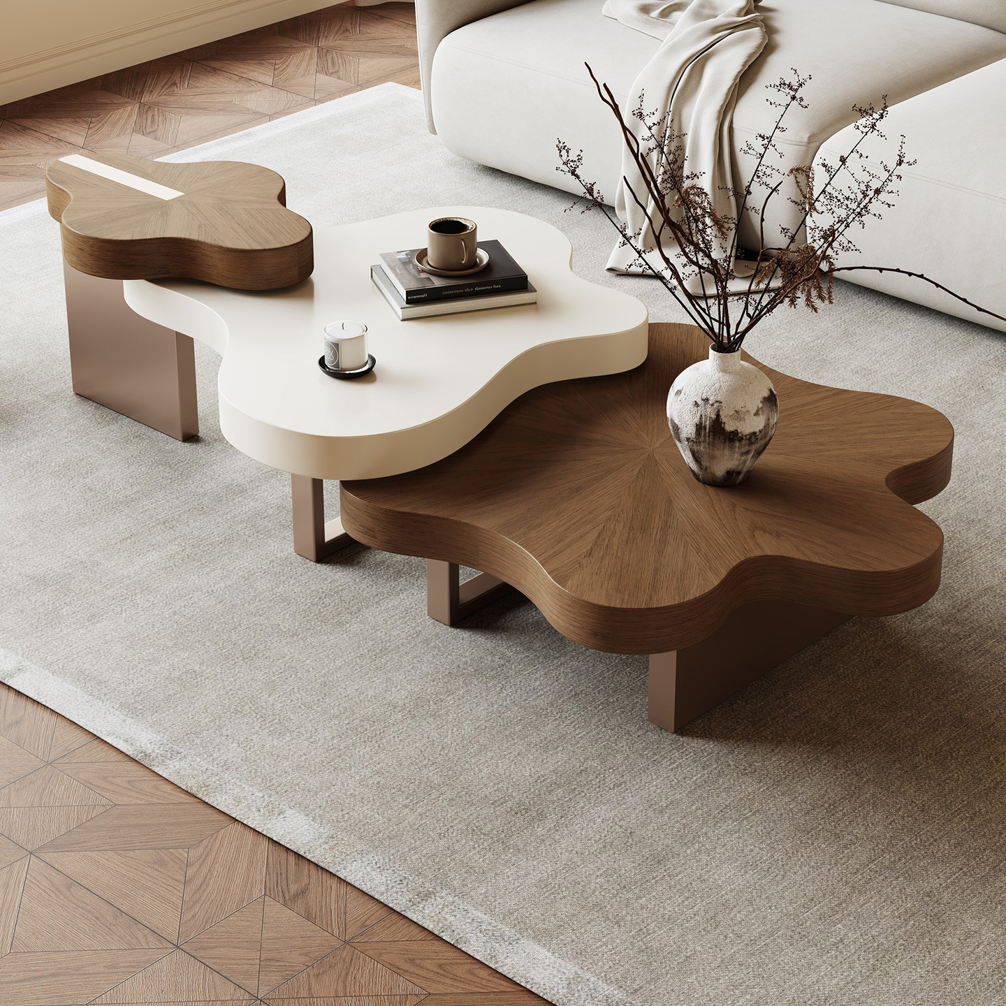 轻奢高级感胡桃木纹云朵茶几组合