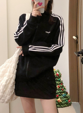Adidas阿迪达斯 黑色男女针织运动休闲立领防风夹克外套DQ3070