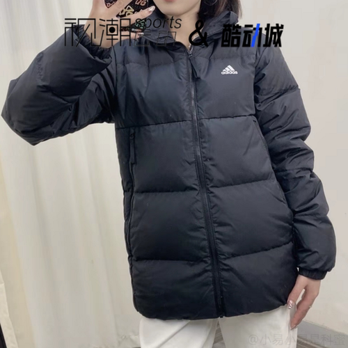 阿迪达斯黑色面包羽绒服立领保暖