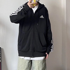 Adidas阿迪达斯 黑色男女宽松针织连帽三条纹休闲夹克外套GK9032