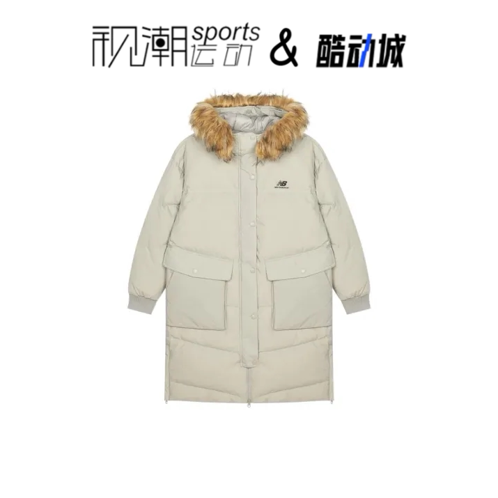 NB米色连帽保暖休闲中长款羽绒服