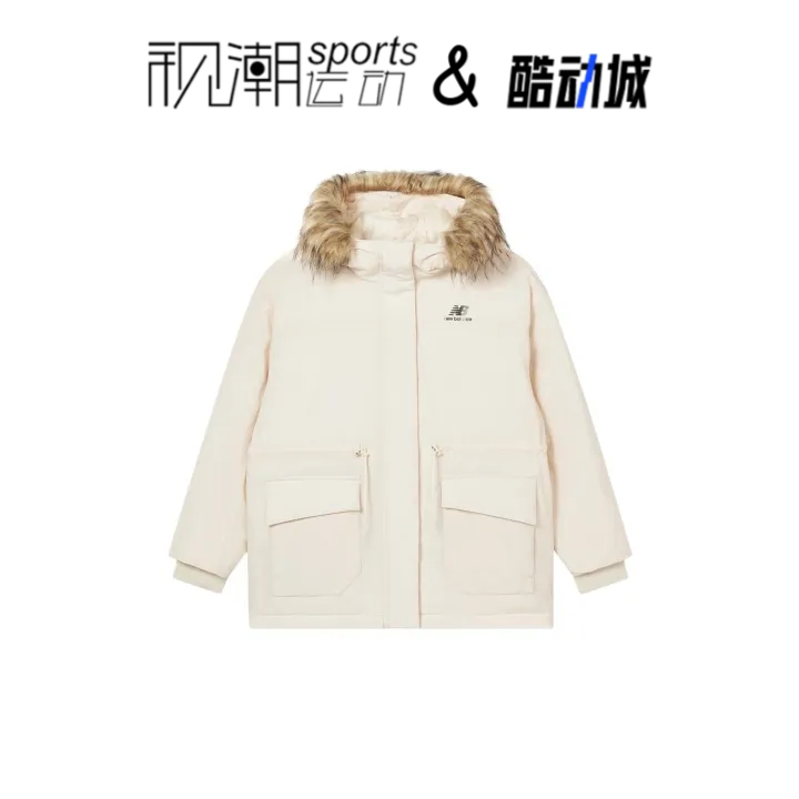 NB米白女子中长款羽绒服连帽保暖