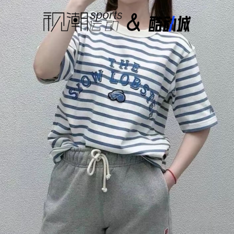 NB白蓝短袖T恤条纹宽松运动休闲