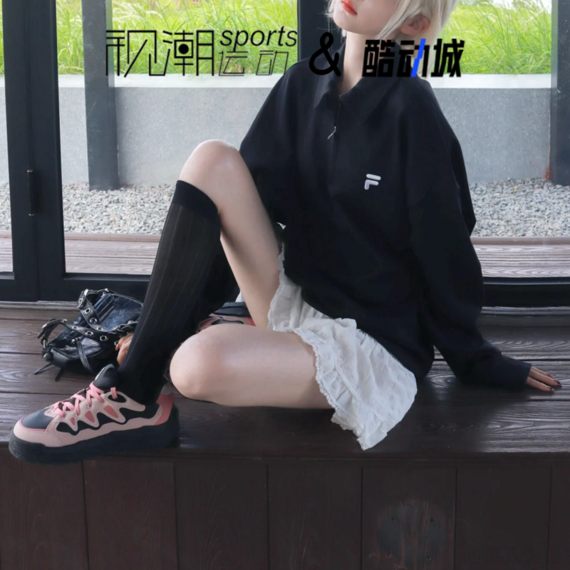 斐乐黑色套头卫衣百搭保暖半拉链