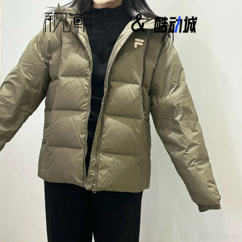 FILA斐乐绿色男女宽松防风保暖运动休闲连帽羽绒服T11U443905F-KK