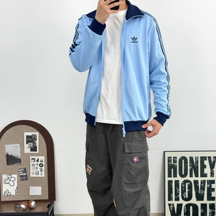 Adidas阿迪达斯 蓝色男女运动休闲条纹立领修身夹克外套JP2521