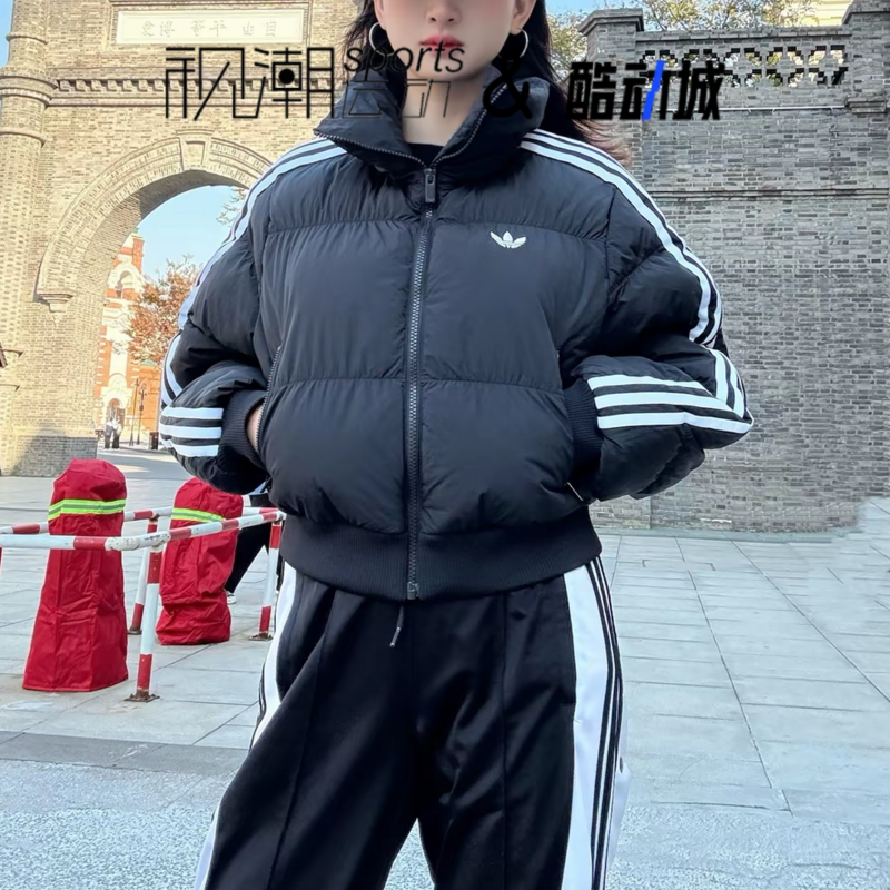 阿迪达斯三叶草黑色棉衣外套短款