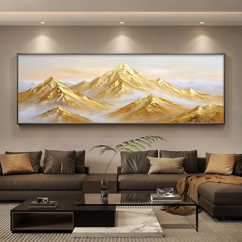 背靠金山客厅纯手绘挂画大芬村油画金箔高级横幅沙发背景墙装饰画
