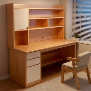 实木书桌初中生家用书架一体桌子2025新款学习桌书桌卧室电脑桌