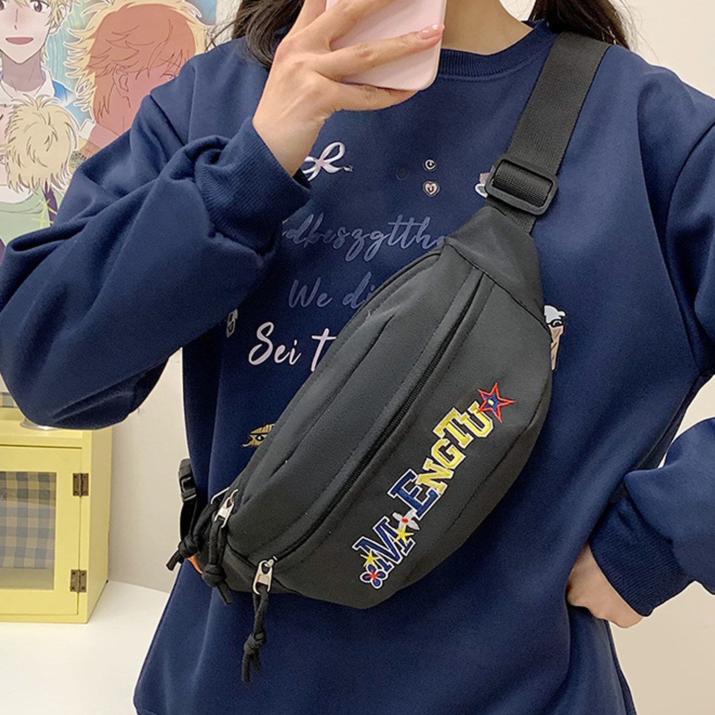 美式复古运动风街头胸包男百搭斜挎包潮中性甜酷字母刺绣少女腰包
