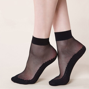 俏佳人5双装水晶丝袜女夏季短筒黑色透明棉底防滑短袜子薄短