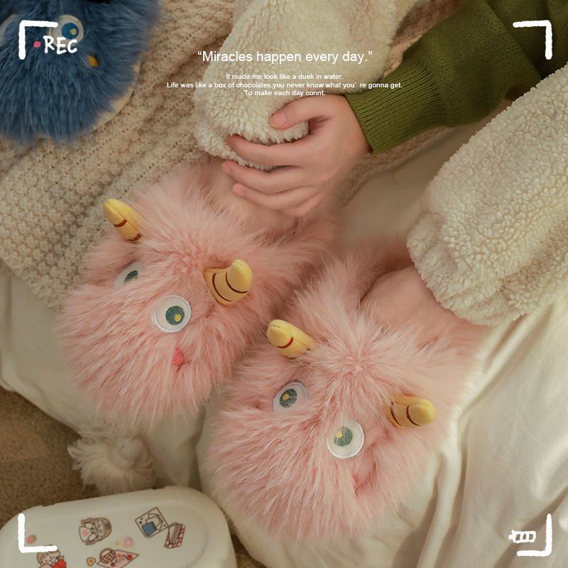 毛毛加绒小怪兽棉拖女款