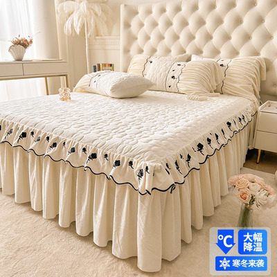 冬季花边床裙单件牛奶珊瑚绒床罩款床单床盖带裙边夹棉加厚床围裙