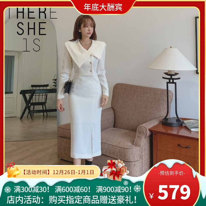 女装直邮复古新款显瘦THERE SHE IS不规则领口纯色长款连衣裙