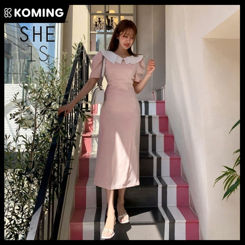 女款直邮ins减龄显瘦THERE SHE IS拼色领长款连衣裙Koming学院风