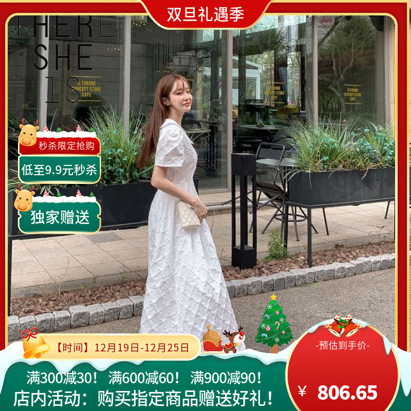 女装官方复古潮流基础款THERE SHE IS泡泡袖领长连衣裙Koming米色