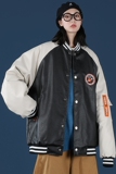 蓝底秋冬新款港风PU皮夹克棉服外套情侣大码棒球服-M05，男装夹克，电商A021