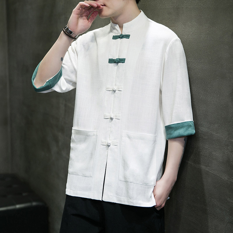 2024中式风复古盘扣服开衫翻袖撞色七分袖汉服男立领MT2310-P65图片