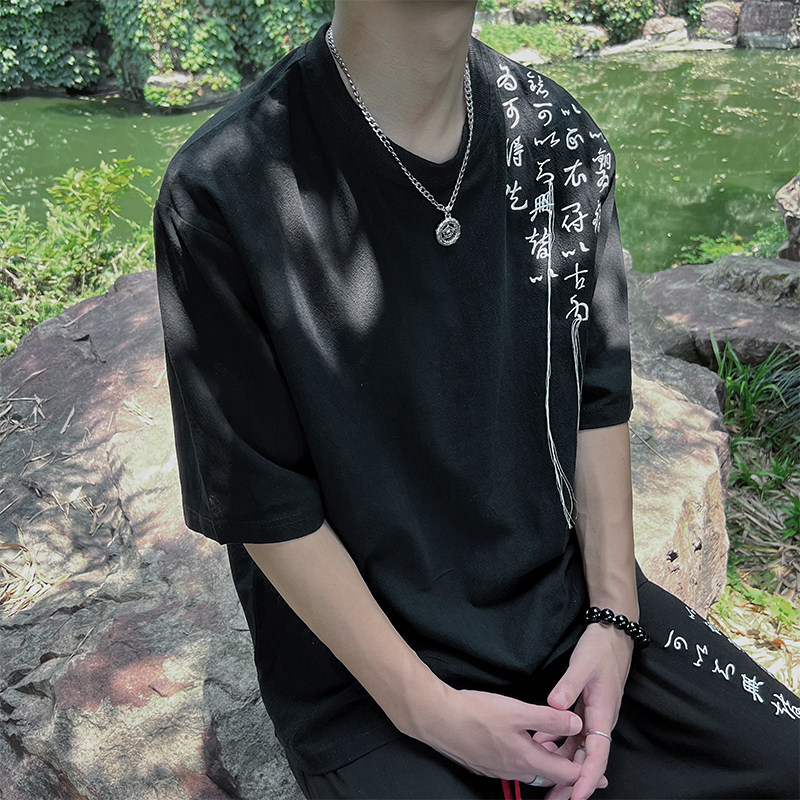 新款新中式刺绣文字黑白圆领T恤汉服男女T062-P35控58,男装T恤,电商A021