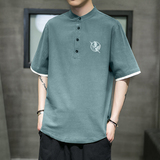 团体现货男士上衣衬衫棉麻假两件撞色休闲男装刺绣仙鹤T511，男装T恤，电商A021