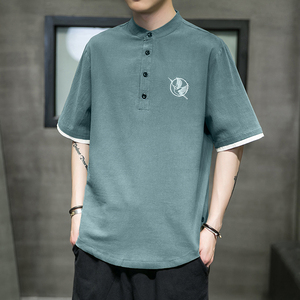 团体现货男士上衣衬衫棉麻假两件撞色休闲男装刺绣仙鹤T511图片