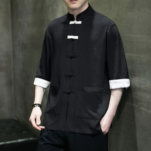 风茶服棉麻复古盘扣服开衫翻袖撞色七分袖男MT2310-P65图片