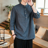 中国风亚麻男士条纹七分袖衬衫大码上衣QT4029-CS88-P45百搭百搭，男装衬衫，电商A021