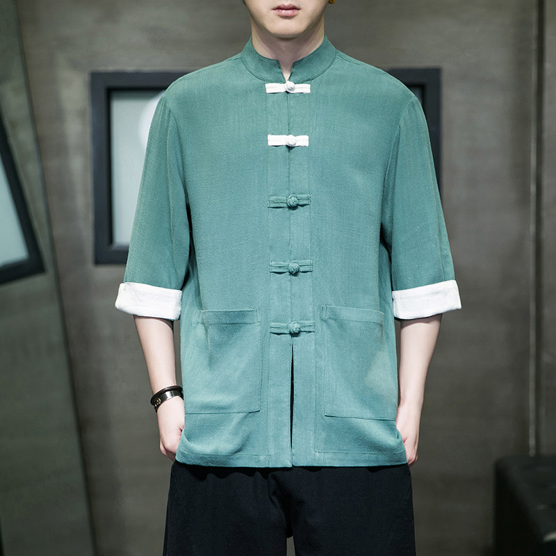 风棉麻复古盘扣喝茶服开衫翻袖撞色七分袖男MT2310-P65图片