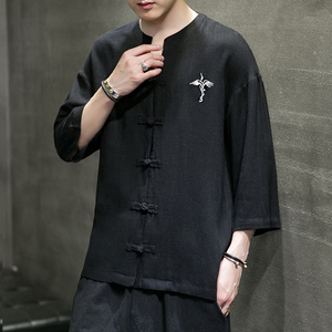 新款风七分袖棉麻复古汉服盘扣团体稀罕透气衬衫男-C218图片