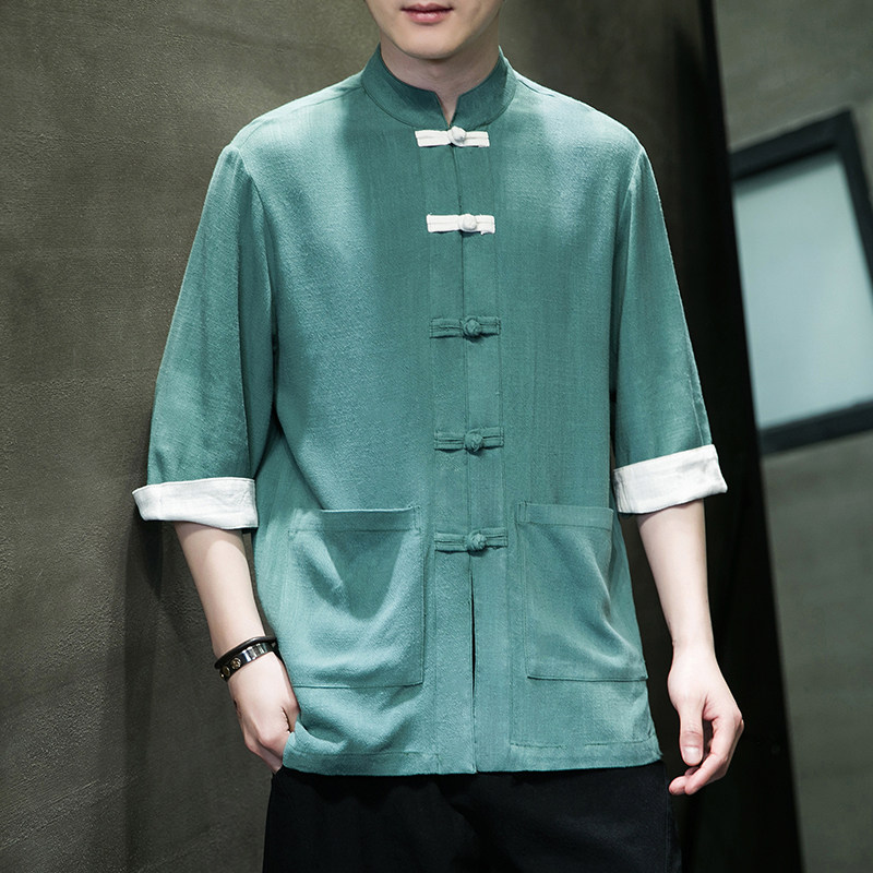 风茶服棉麻复古盘扣服开衫翻袖撞色七分袖男MT2310-P65图片