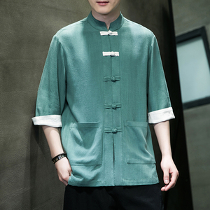 风茶服棉麻复古盘扣服开衫翻袖撞色七分袖男MT2310-P65图片