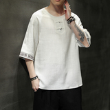 风夏季棉麻复古盘扣刺绣五分袖宽松大码T恤QT4029-T2152，男装T恤，电商A021