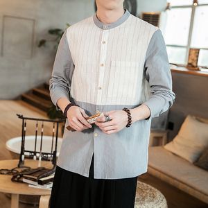 风立领男士休闲衬衫棉麻盘扣男QT4029-CS15图片