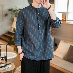 风春夏棉麻复古盘扣休闲七分袖立领衬衫男QT4029-CS88图片