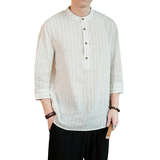中国风亚麻男士条纹七分袖衬衫大码上衣QT4029-CS88-P45百搭百搭，男装衬衫，电商A021
