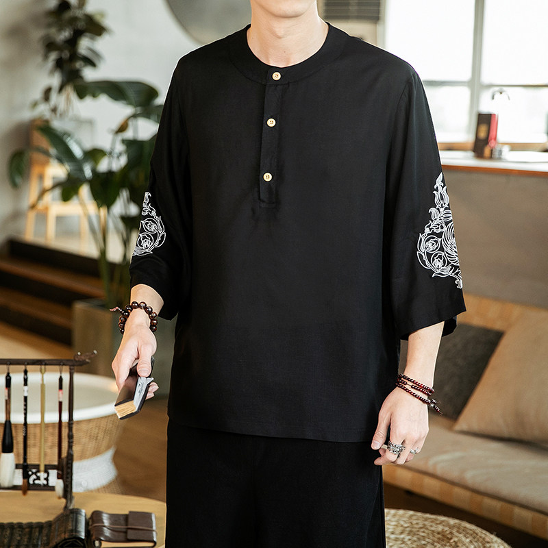 立领风夏季亚麻休闲冰丝绣花衬衫七分袖QT4029-T2059-55,男装衬衫,电商A021
