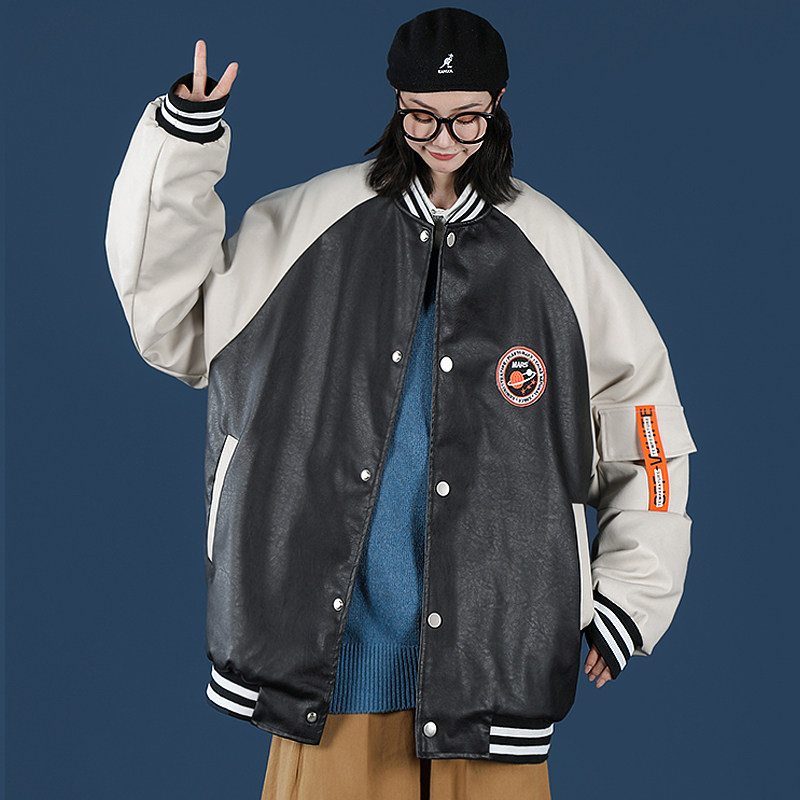 蓝底秋冬新款港风PU皮夹克棉服外套情侣大码棒球服-M05,男装夹克,电商A021