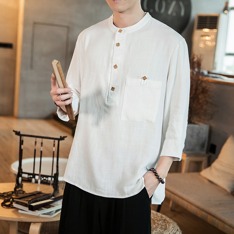 21春夏男士中国风亚麻简约百搭衬衫七分袖大码上衣QT4029-CS18,男装衬衫,电商A021