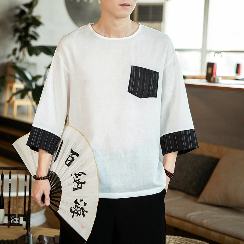 夏季风棉麻口袋圆领透气汉服圆领七分袖男QT4029-T2054,男装T恤,电商A021