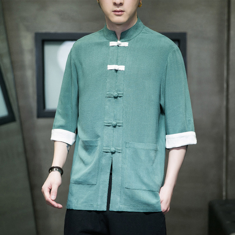 2024中式风复古盘扣服开衫翻袖撞色七分袖汉服男立领MT2310-P65,男装民族服装,电商A021