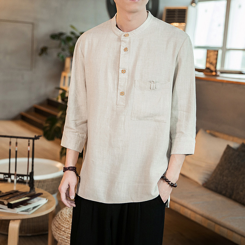 2022外贸新款风七分袖纯色复古立领盘扣衬衫男CS18/P40,男装衬衫,电商A021