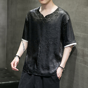夏季风新款夏季撞色假两件龙纹小V领T恤男QT4029-T518图片